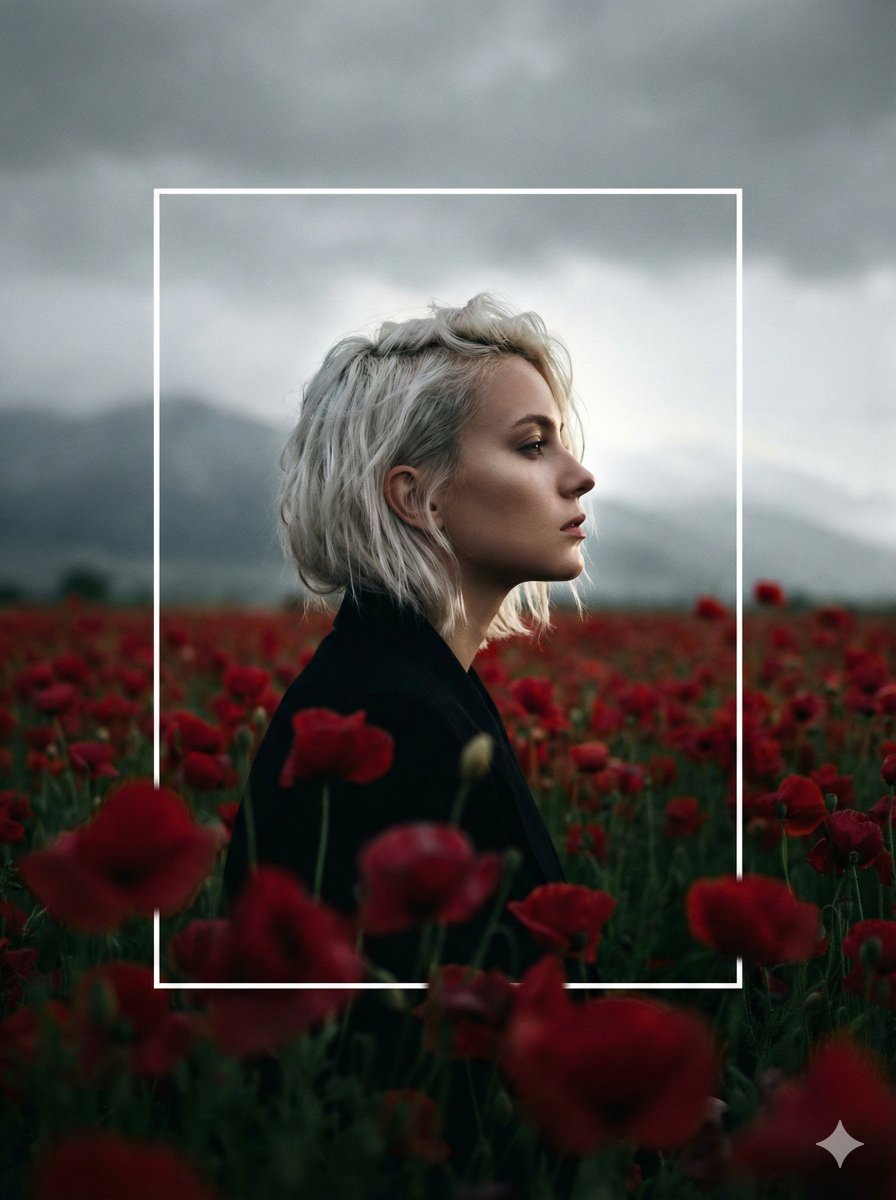 Cinematic Profile Portrait in Crimson Field with Artistic Frame - view 1