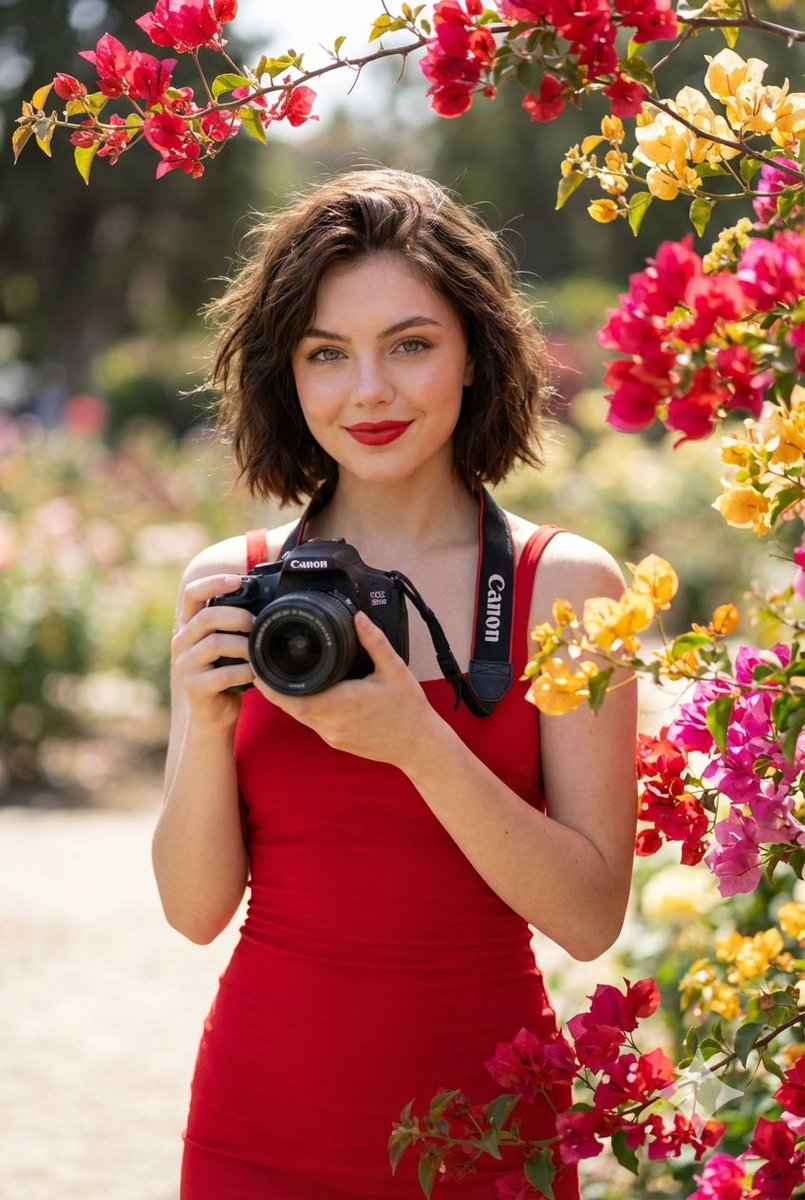 Hyper-realistic Outdoor Portrait of Woman with Camera - view 1