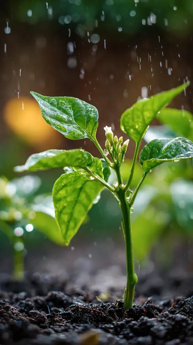 Macro Shot of Chili Plant in Gentle Rain - view 1