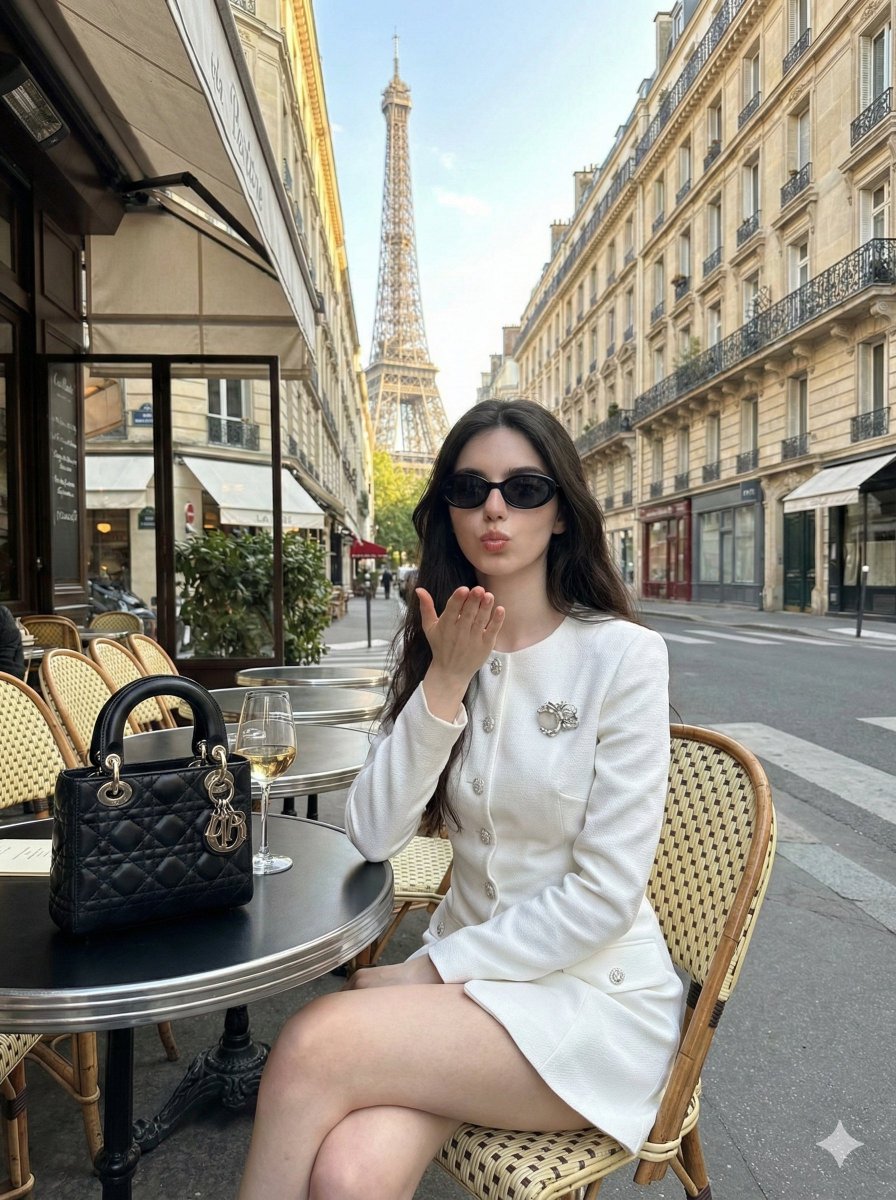 Chic Parisian Woman at Cafe with Eiffel Tower View - view 1