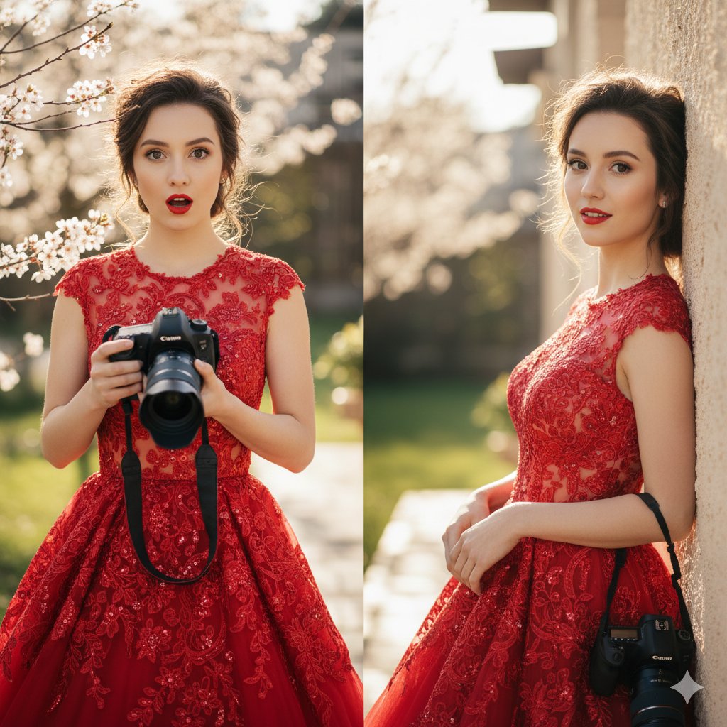 Elegant Woman in Red Gown, DSLR, Golden Hour Diptych - view 1