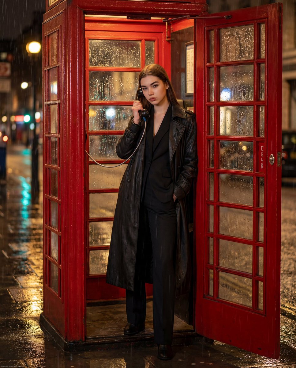 Cinematic Night: Woman in Rainy London Telephone Booth - view 1