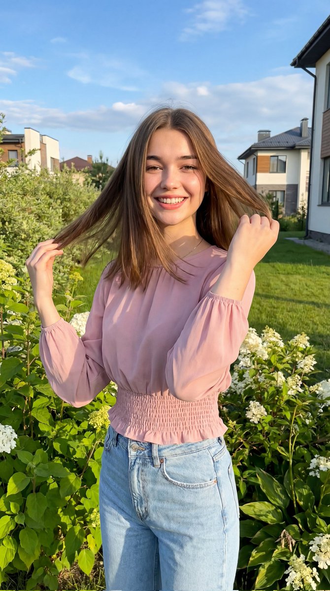 Cheerful Woman in Lush Garden, Photorealistic Lifestyle Portrait - view 1