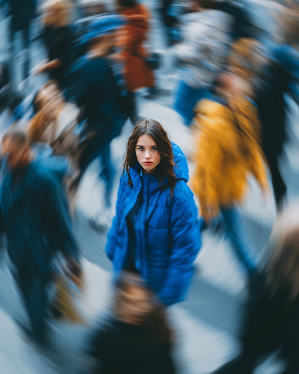 Cinematic Street Portrait of a Woman in Blue Jacket thumbnail 3