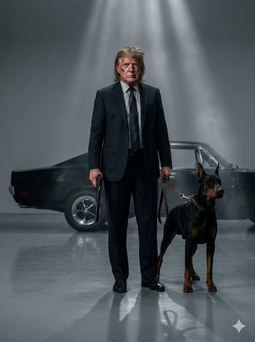 Neo-Noir Hitman with Doberman in Cinematic Studio Shot - view 1