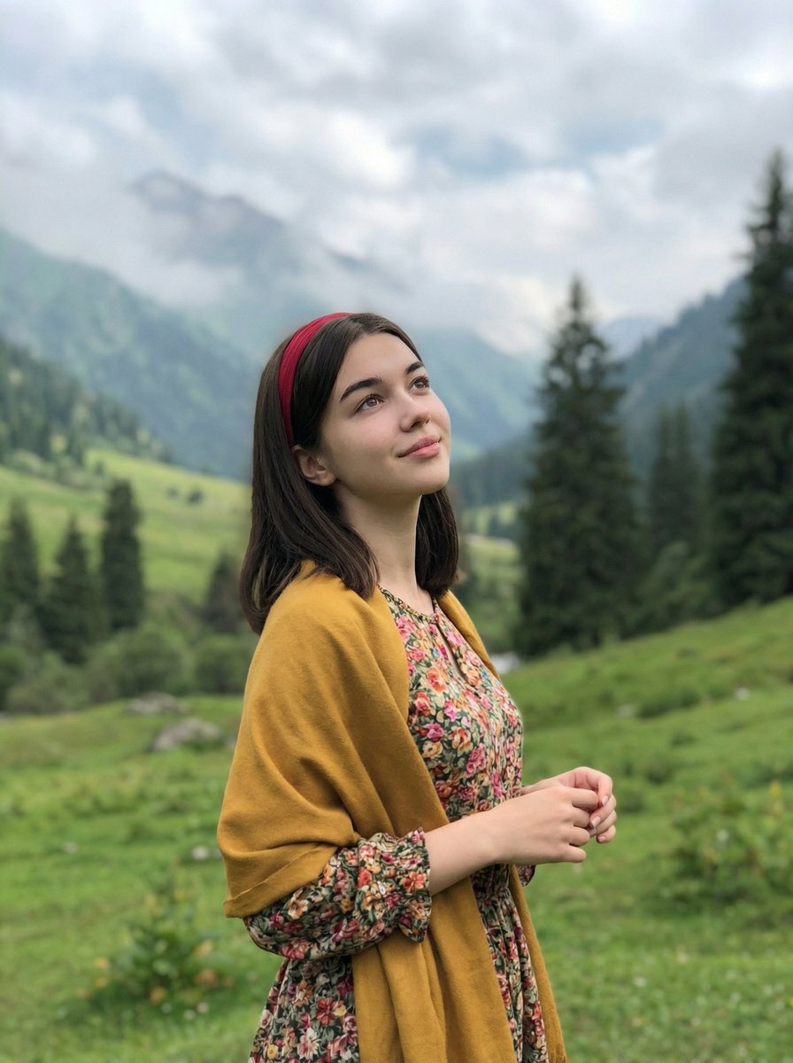 Woman in Peaceful Green Mountain Valley - view 1