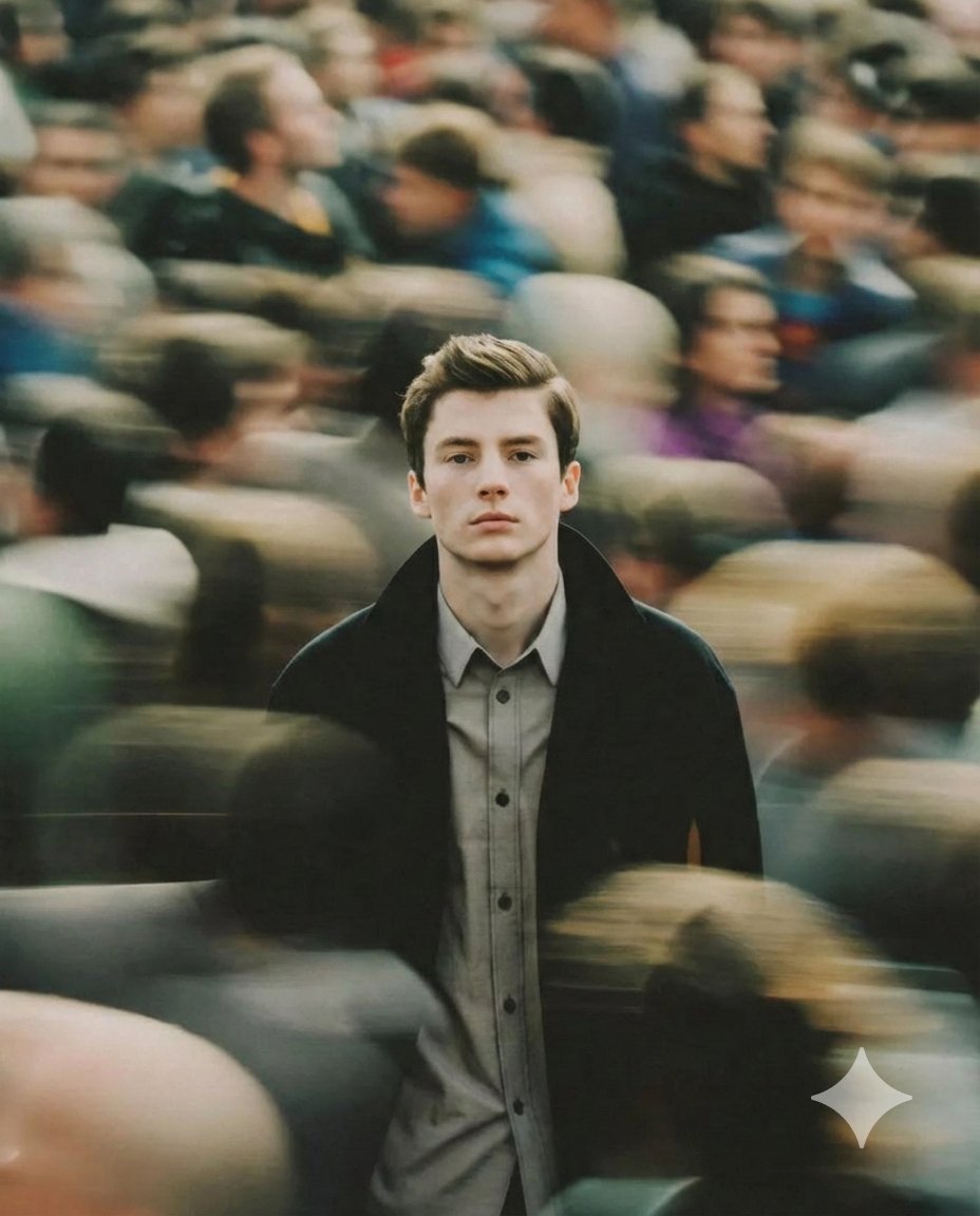 Cinematic Portrait of Young Man in Motion-Blurred Crowd - view 1