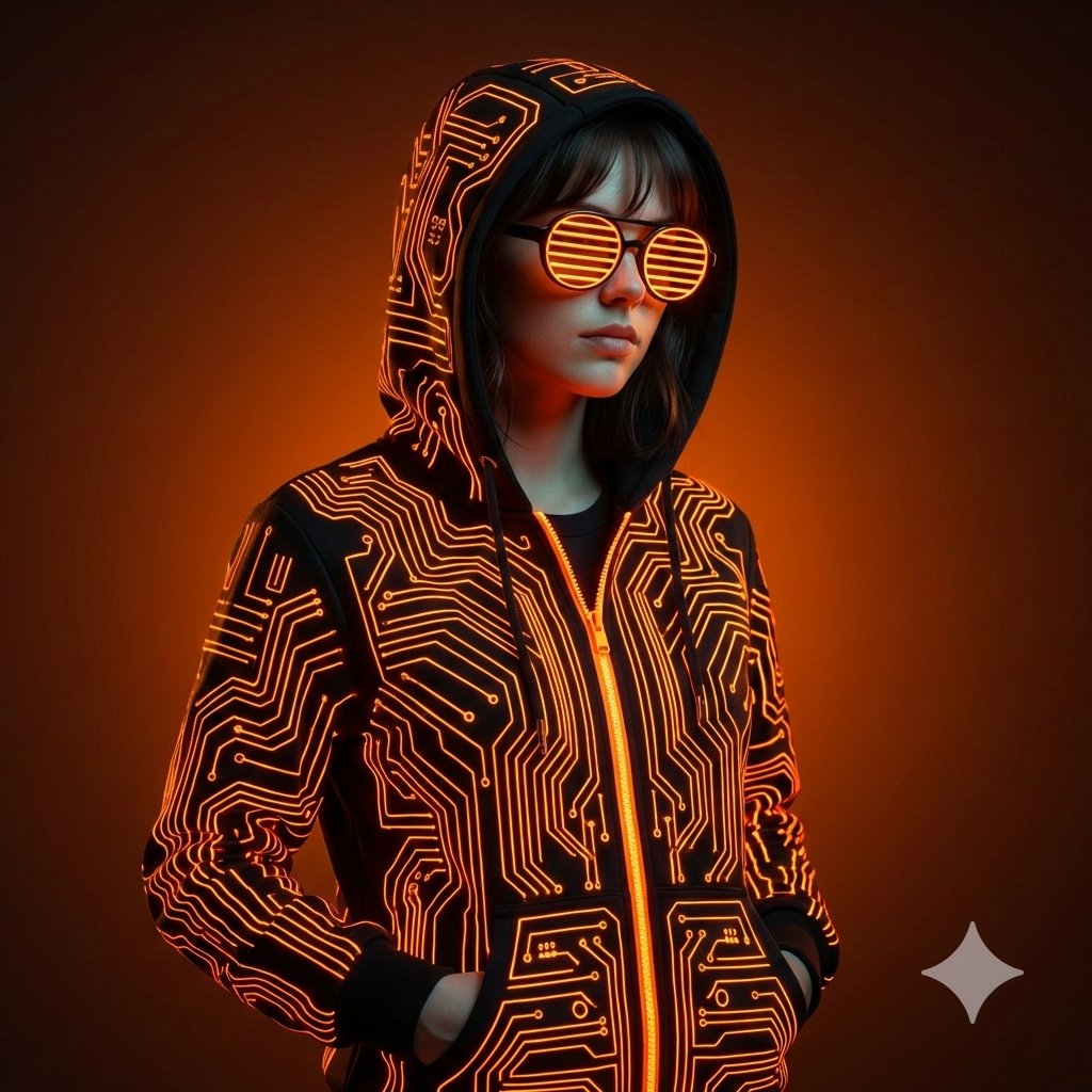 Cinematic Studio Portrait: Cyberpunk Hoodie, Neon Orange - view 1