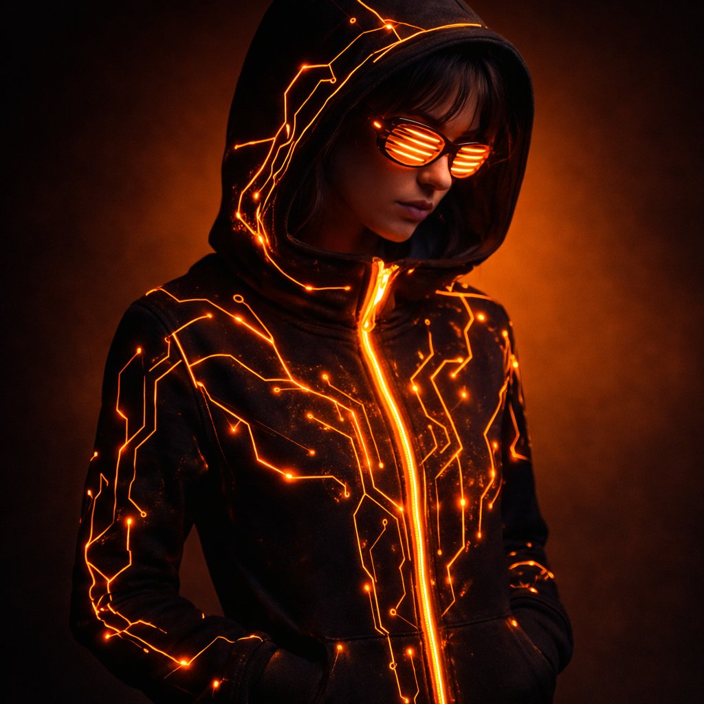 Cinematic Studio Portrait: Cyberpunk Hoodie, Neon Orange thumbnail 2