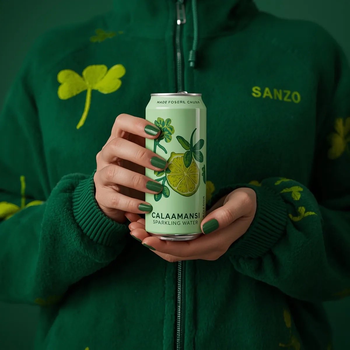 Photorealistic Product Shot: Person Holding Sanzo Calamansi Can - view 1