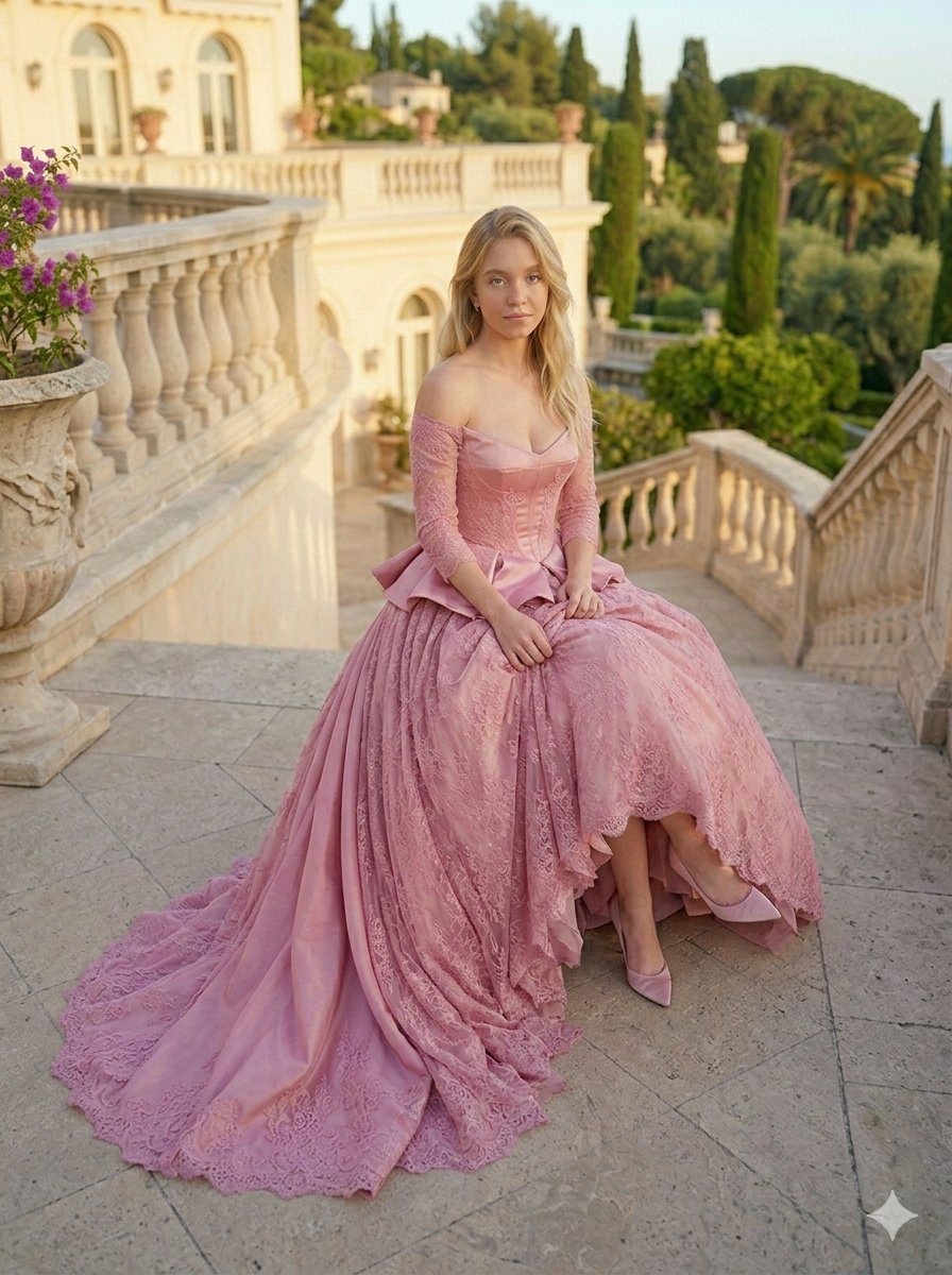Sydney Sweeney in Mauve Ball Gown on Villa Steps - view 1