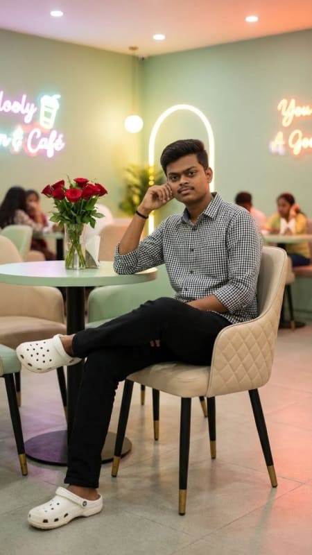 Casual Portrait of Stylish Teen in Neon Cafe thumbnail 2