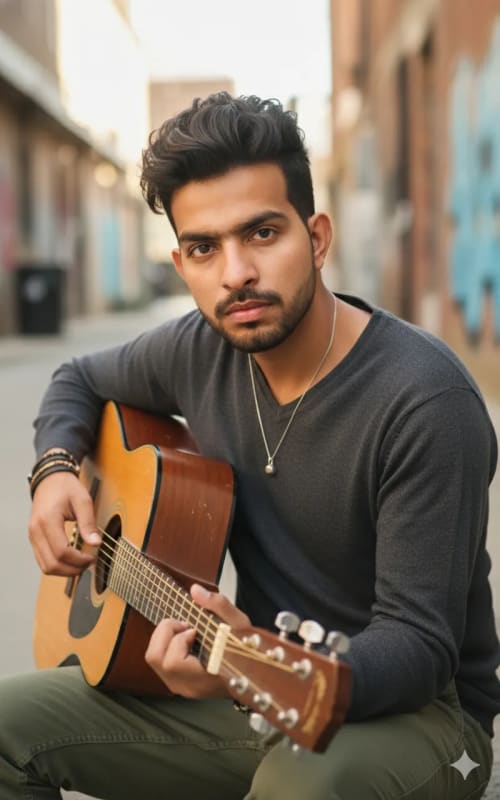 Acoustic Guitar Portrait: Young Man in Urban Setting - view 1