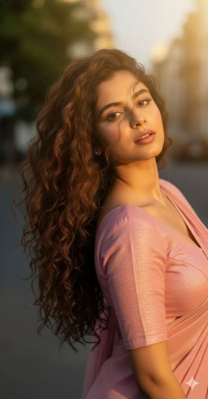 Sunlit Pink Shimmer Saree Portrait thumbnail 3