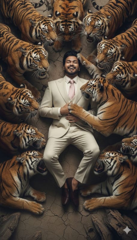 Surreal Fashion: Man in Suit Surrounded by Tigers thumbnail 2