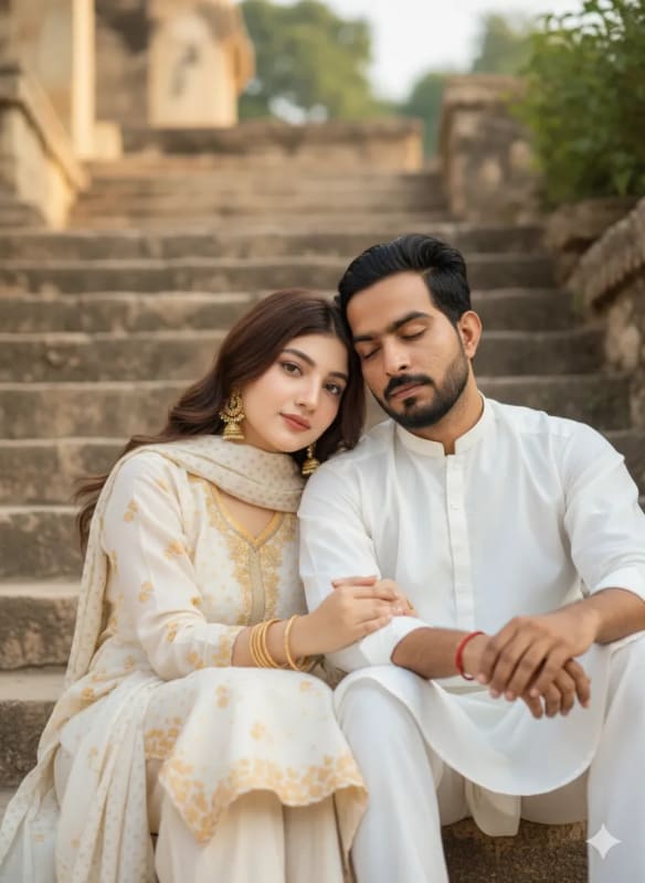 Romantic Couple Portrait on Stone Steps - view 1