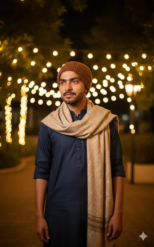Stylish Young Man Portrait Under Warm String Lights - view 1