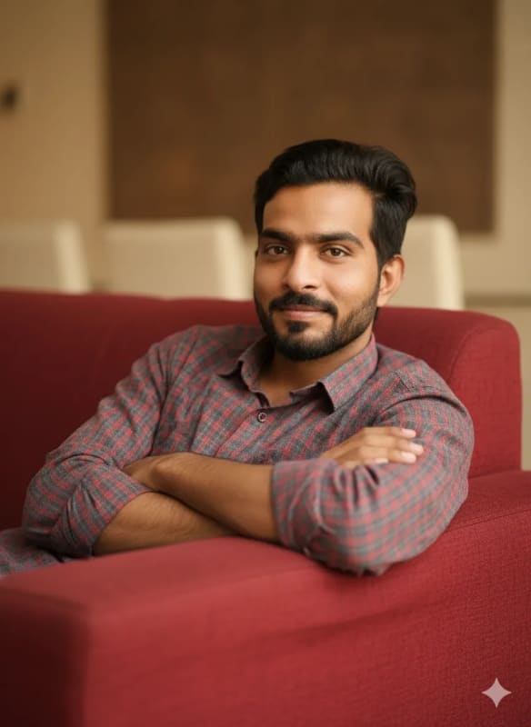 Cozy Portrait of a Man on Red Sofa - view 1