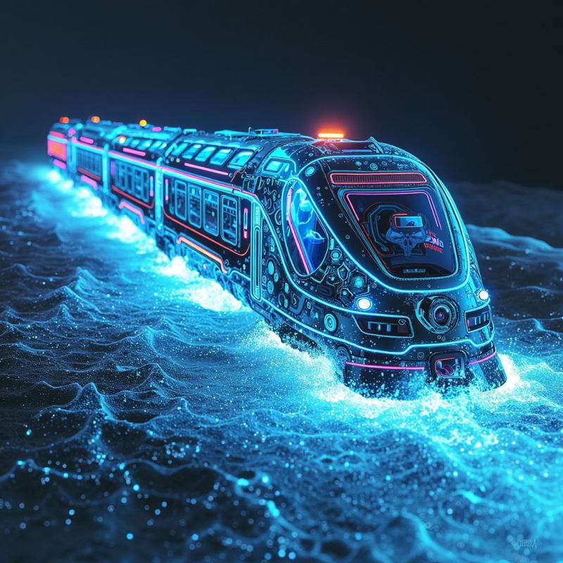 Futuristic Train Journey on Ocean Waves: X-Ray Fluorescent Art thumbnail 5