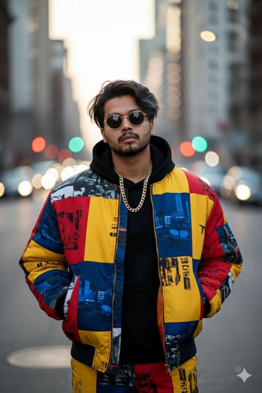 Stylish Man in Patchwork Bomber Jacket: Streetwear Photography - view 1