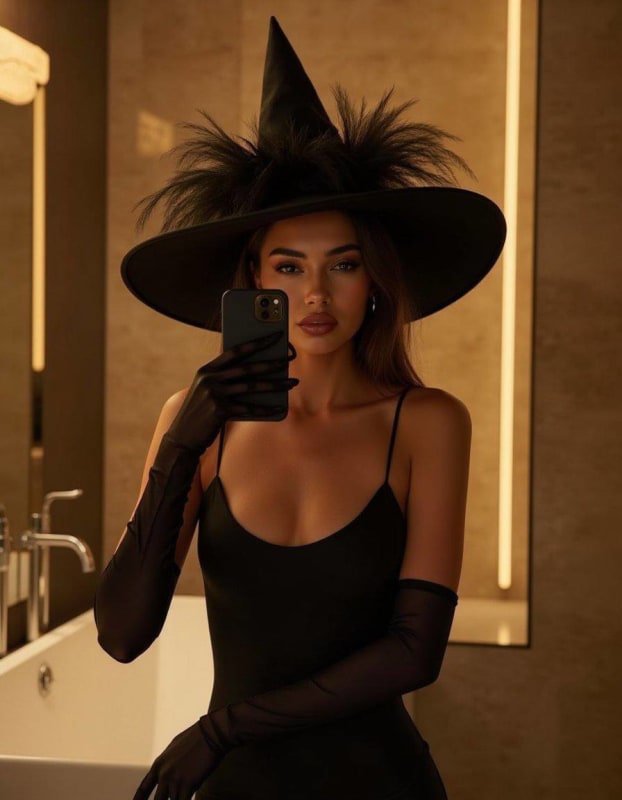 High Fashion Halloween Portrait: Mirror Selfie in Opulent Bathroom - view 1