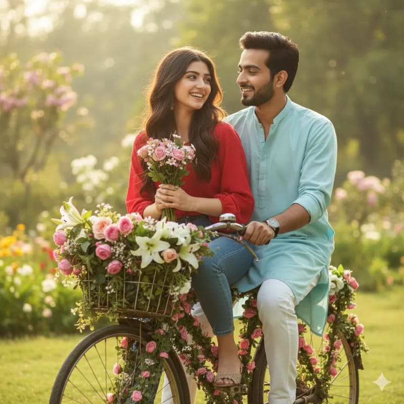 Romantic Bicycle Scene with Flowers: AI Art Prompt - view 1