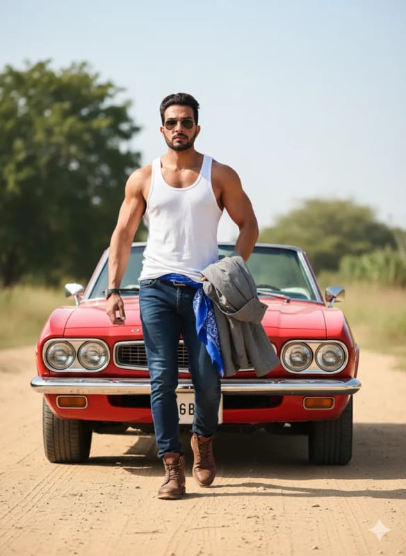 Confident Man with Classic Car: Cinematic Adventure Style - view 1