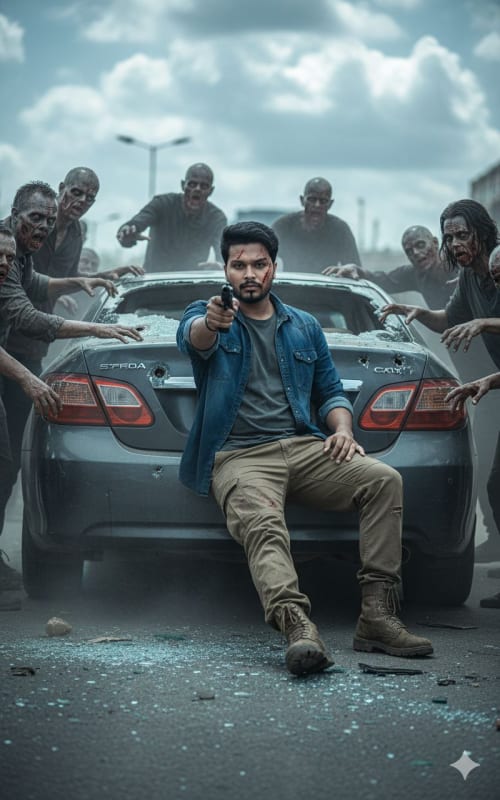 Action Scene: Young Indian Man in Post-Shootout Zombie Apocalypse - view 1