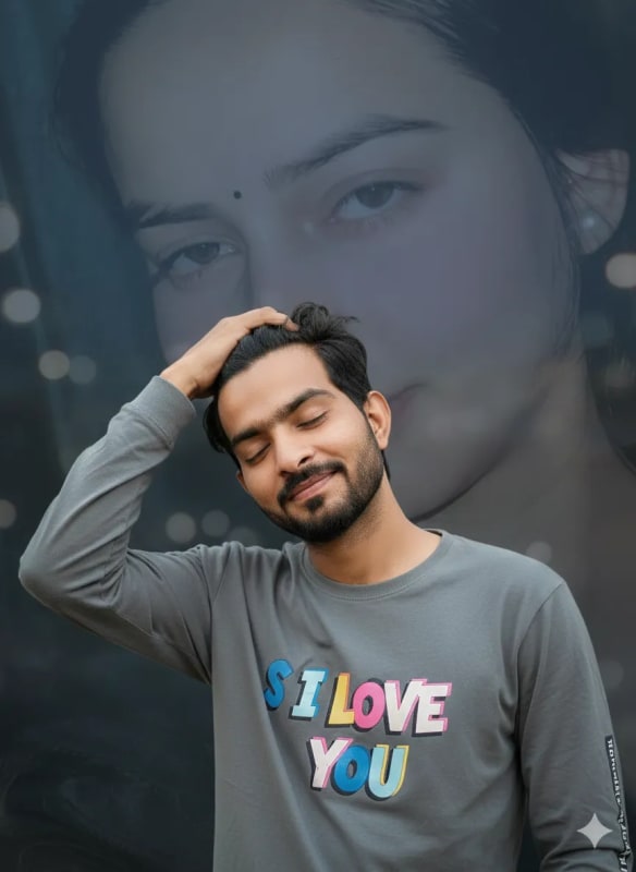 Relaxed Man with 'S. I LOVE YOU' Shirt and Faded Woman Overlay thumbnail 2