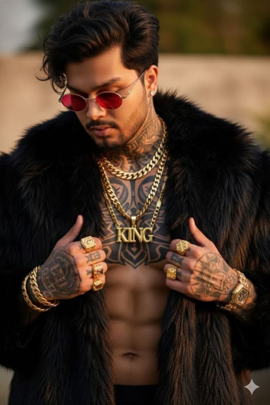 Tattooed Man Portrait with Gold Jewelry and Fur Coat - view 1