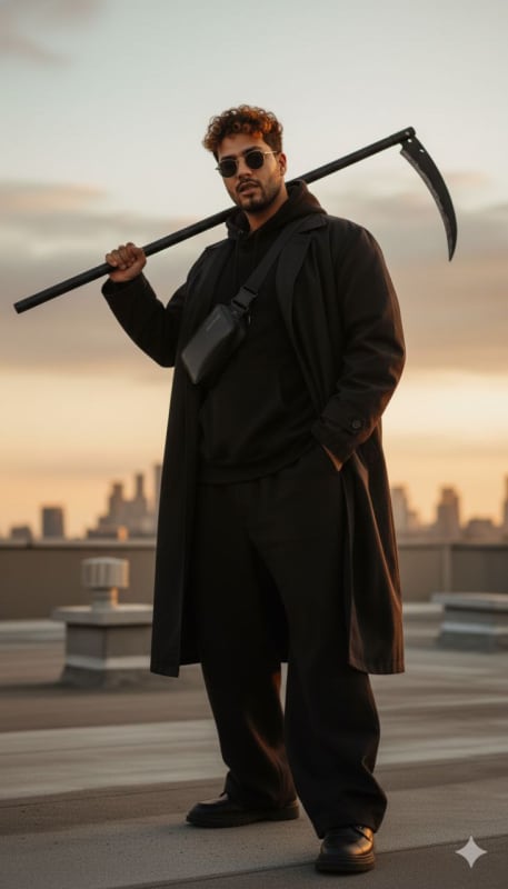 Photorealistic Scythe Wielder on City Rooftop at Golden Hour thumbnail 4