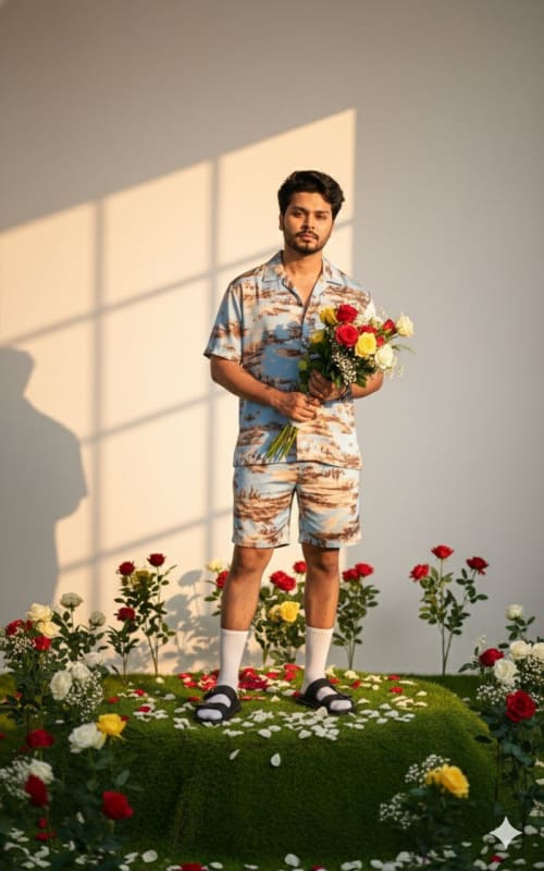 Fashion Portrait with Roses: A Young Man in a Printed Outfit thumbnail 2