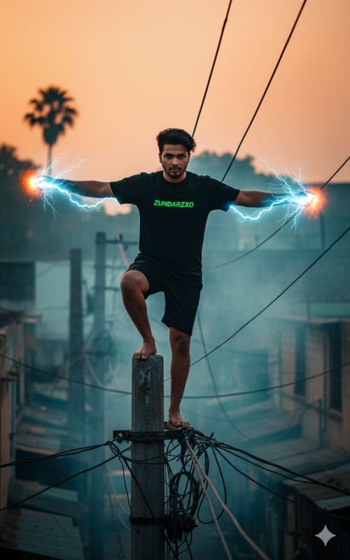 Photorealistic Urban Sunset: Man on Utility Pole - view 1