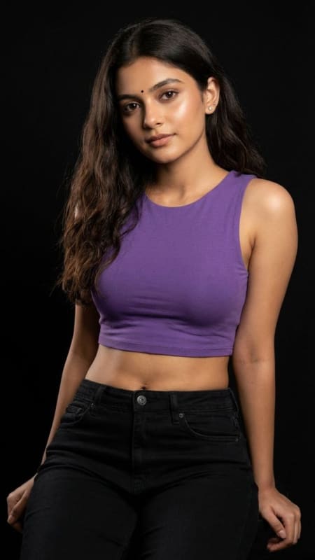 Realistic Studio Portrait: Woman in Purple Crop Top - view 1