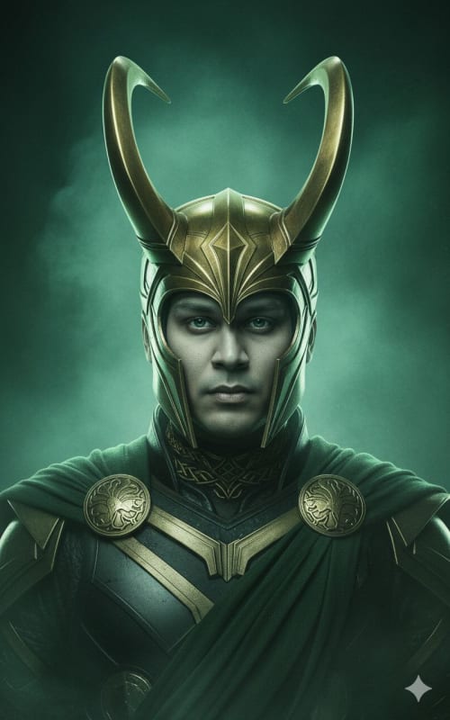 Loki Cinematic Portrait: Gold Horned Helmet and Emerald Smoke - view 1