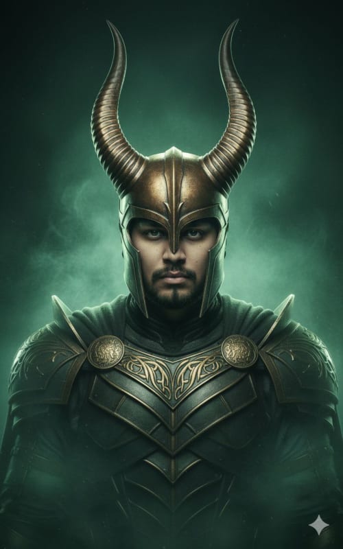 Loki Cinematic Portrait: Gold Horned Helmet and Emerald Smoke thumbnail 2