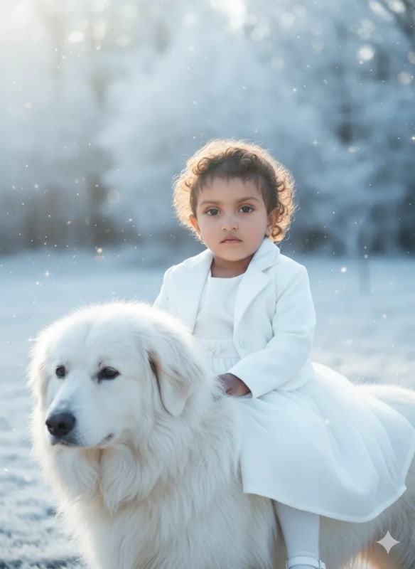 Charming Baby Girl and Dog Portrait in Frozen Tones thumbnail 2