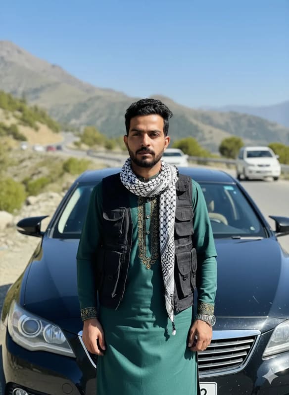 Confident Man in Traditional Afghan Clothing on Mountain Road thumbnail 3