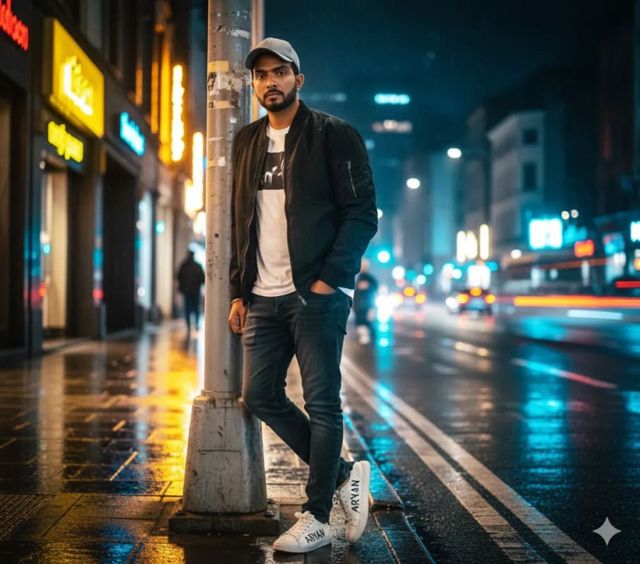 Urban Night Portrait: Stylish Man in City Lights - view 1