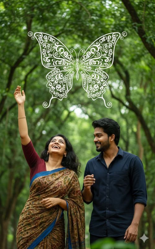 Romantic Couple Under Canopy with Malayalam Butterfly Graphic - view 1
