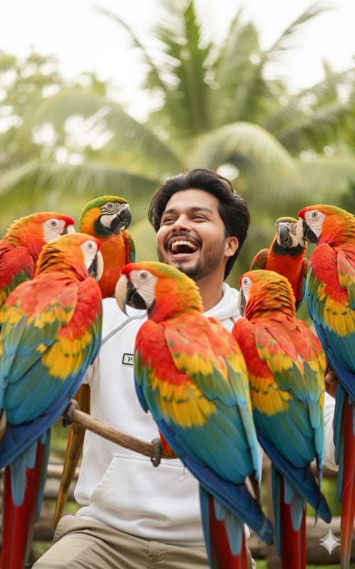 Bearded Man with Colorful Cockatoos: A Vibrant Portrait - view 1