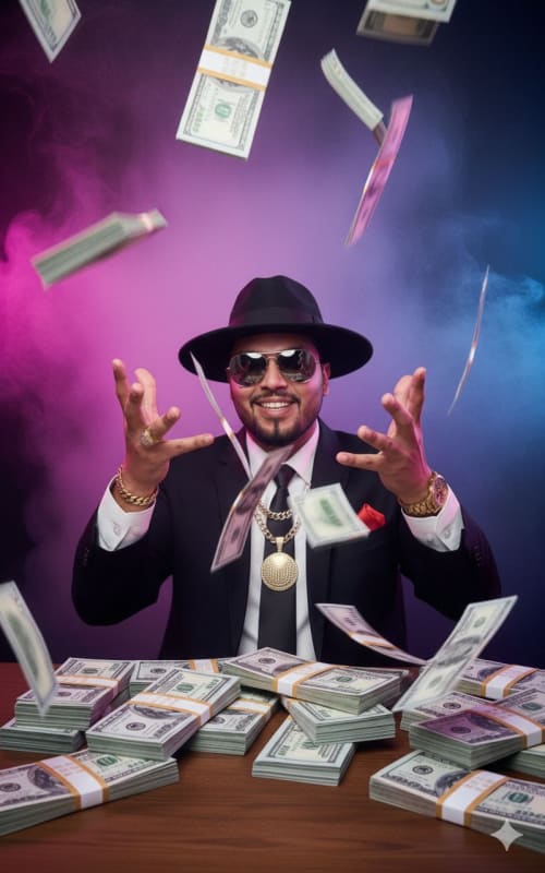 Luxurious Portrait of a Confident Man Amidst Wealth thumbnail 4