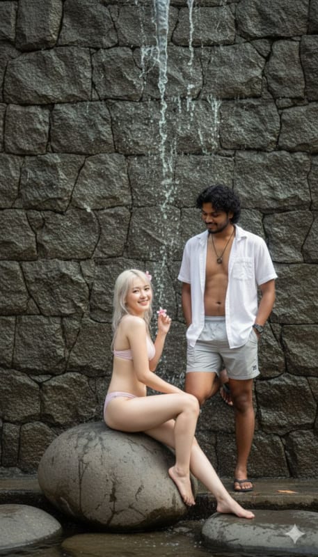 Couple by Cascading Waterfall Wall - view 1