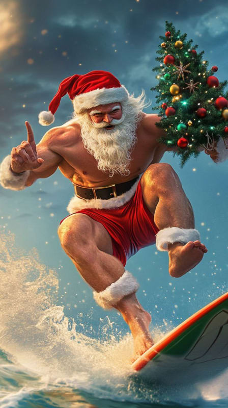 Muscular Santa Surfing: Holiday Cheer Meets Surf Culture thumbnail 3