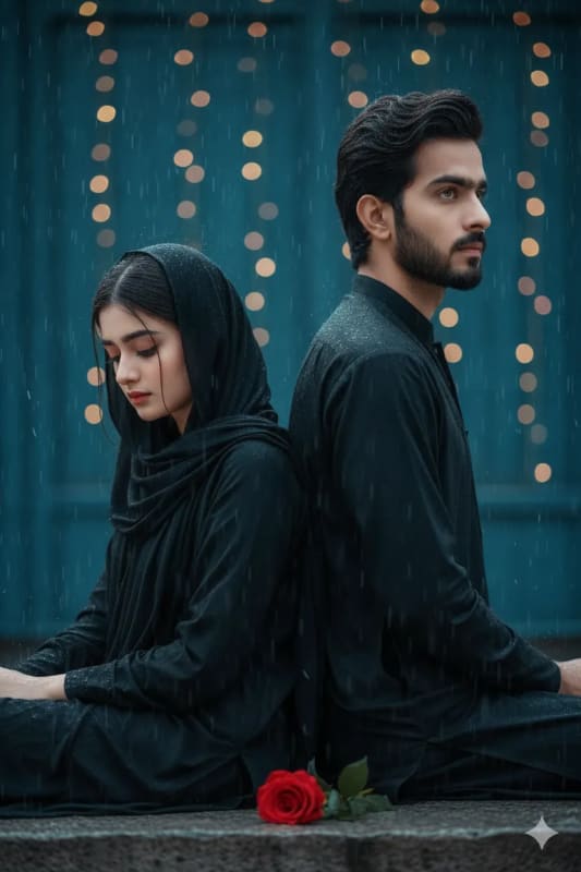 Emotional Portrait: Girl in Hijab with Boy in Rainy City thumbnail 2