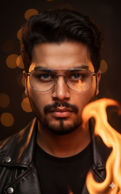 Intense Firelight Portrait: Hyper-Realistic AI Prompt - view 1