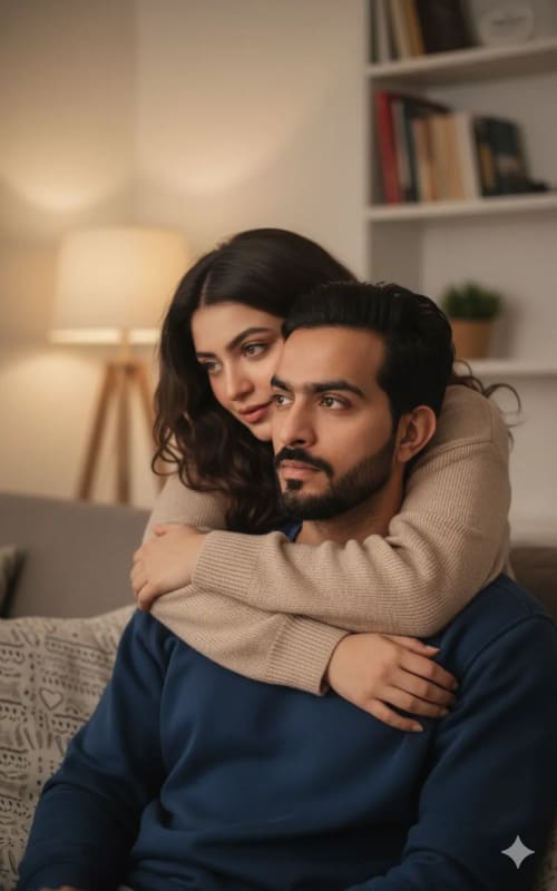 Romantic Couple Portrait on Couch - Intimate Indoor Scene - view 1