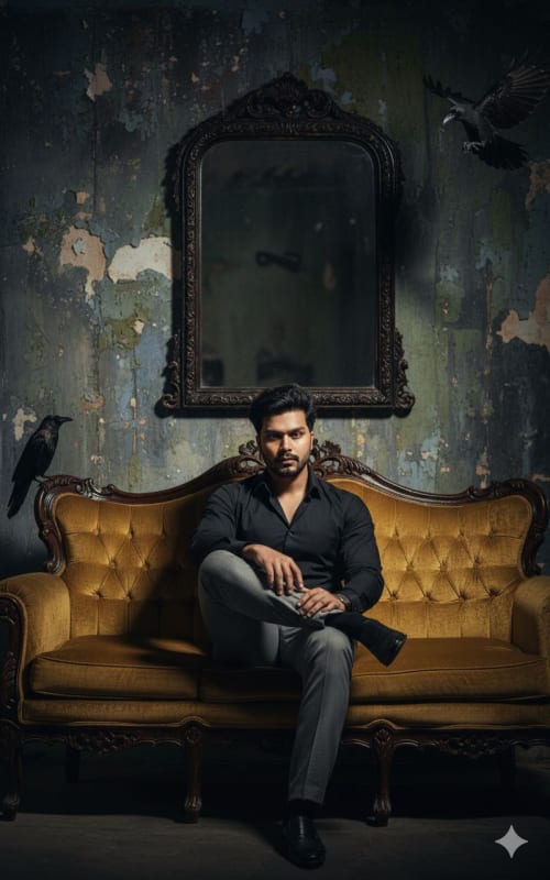 Cinematic Portrait of a Bearded Man on Vintage Sofa thumbnail 2