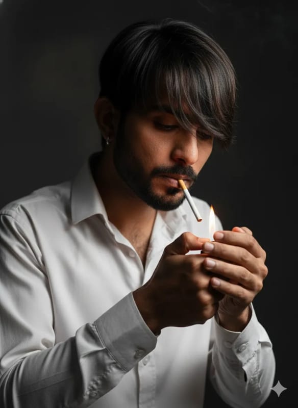 Cinematic Portrait of a Mysterious Young Man Lighting a Cigarette - view 1