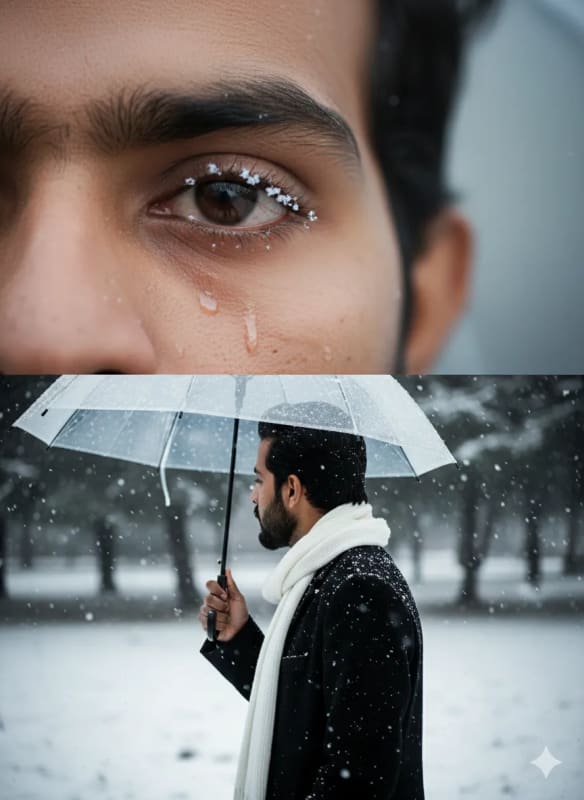 Emotional Winter Portrait: Man in Snow with Detailed Eye Close-up thumbnail 2